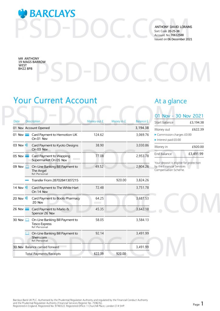 Bank statement UK - Barclays - PSD Store