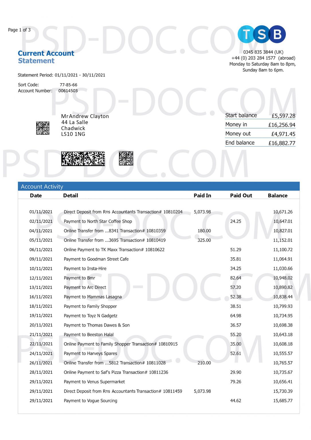 Bank statement UK TSB PSD Store