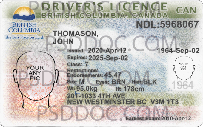 Canada British Columbia Driver License Front Back Sides PSD Store