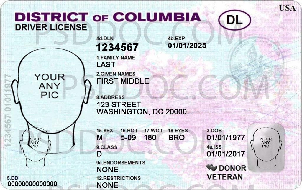 USA Disctrict of Columbia Driver License front back sides PSD Store