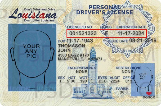 USA Louisiana Driver License front back sides - PSD Store